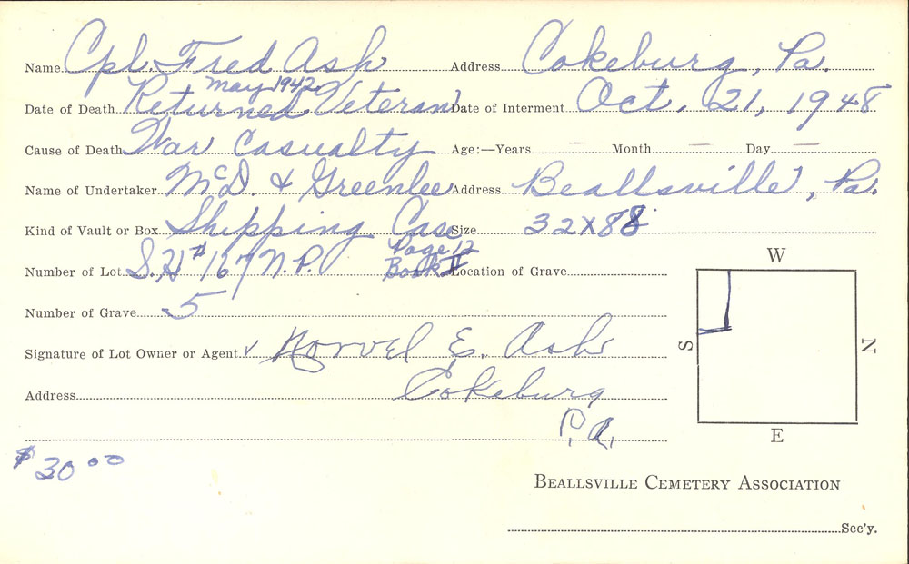 Fred Ash burial card